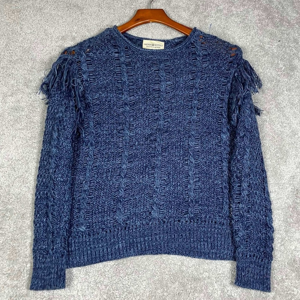 Denim & Supply Ralph Lauren Sweater Womens XS Blue Fringe Cable Knit Cotton